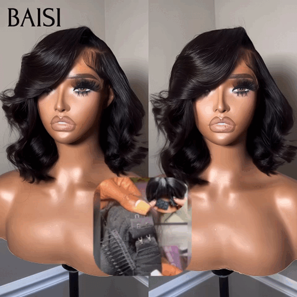 BAISI 13x4 Straight Bob Wig in Black Glueless Lace Front Cut Easy to Wear 100% Human Hair B
