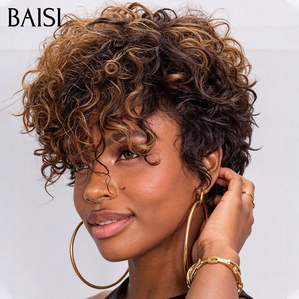 BAISI 5X5 Parrucca pixie riccia onde Colore Miele con Radice Marrone 4T27# 99€ in 100% Capelli Umani
