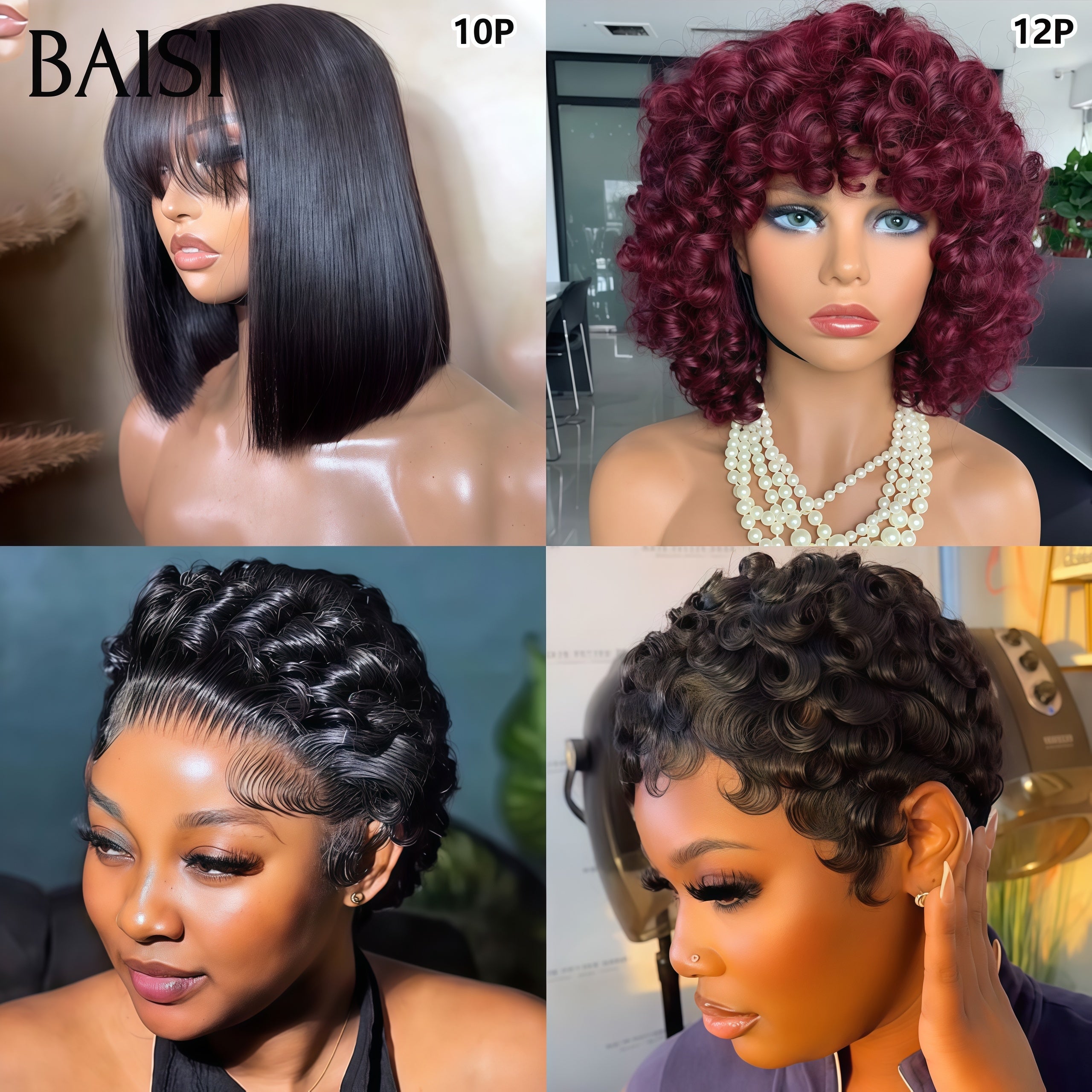 BAISI Promotion pixie afro curly wave en noir mixte marron 50€ ou 4 Perruques 180€ Fabriqué à la Machine finger wave et egg wave et Lisse 100% Cheveux Humains
