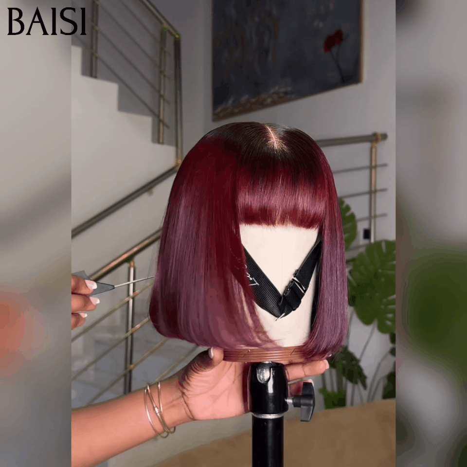 BAISI Bob lisse Avec Frange Perruques de Luxe 100% Vietnam Hair SDD BONE STRAIGHT Couleur Bordeaux #1B#99J 300% densité A1 Fabriquées par les cheveux double drawn 15A sans Lace sans colle