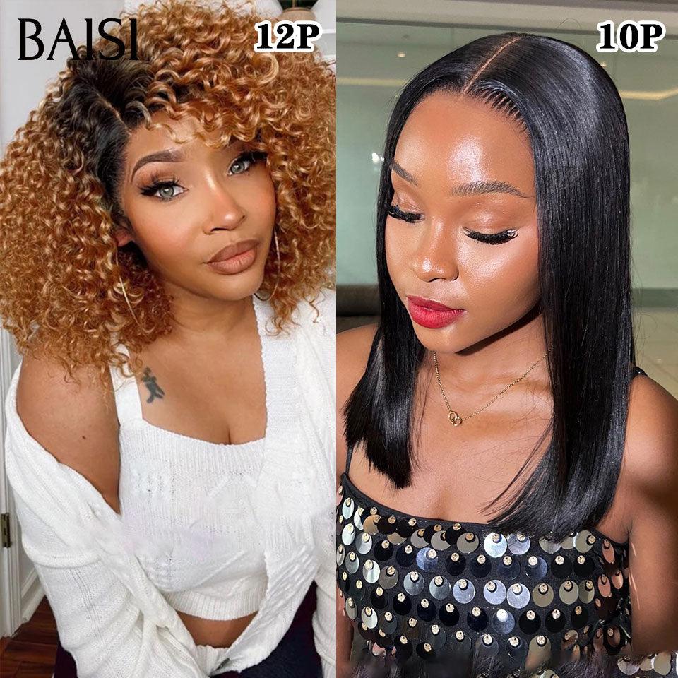 BAISI 2 Perruques pour revendre T-part lace afro curl 1BT30# 12 Pouces ou 4X4 lace Lisse NOIR 10 Pouces 200% densité en 100% vrais cheveux humains