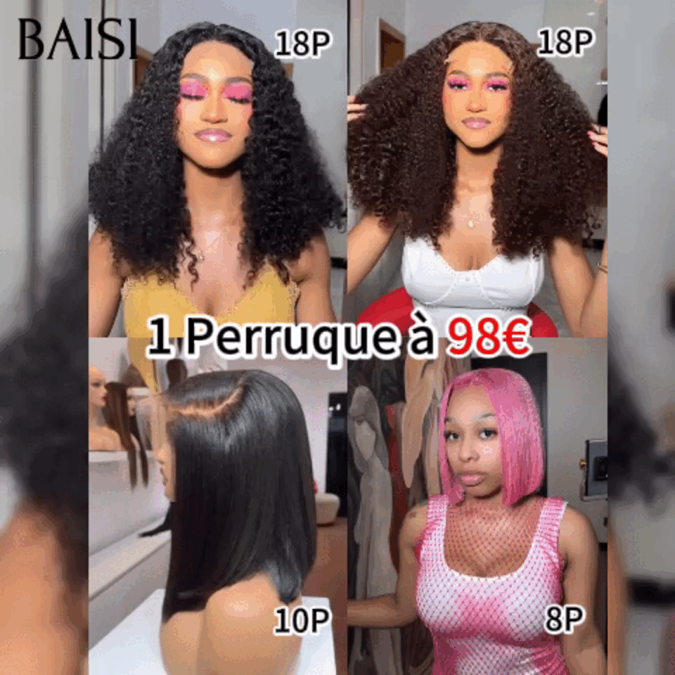 BAISI 4 Perruques pour revendre 498€ curly wave 18 pouces en couleur NOIR et Marron et lisse 10 Pouces NOIR et lisse 8 pouces rose en 100% vrais cheveux humains