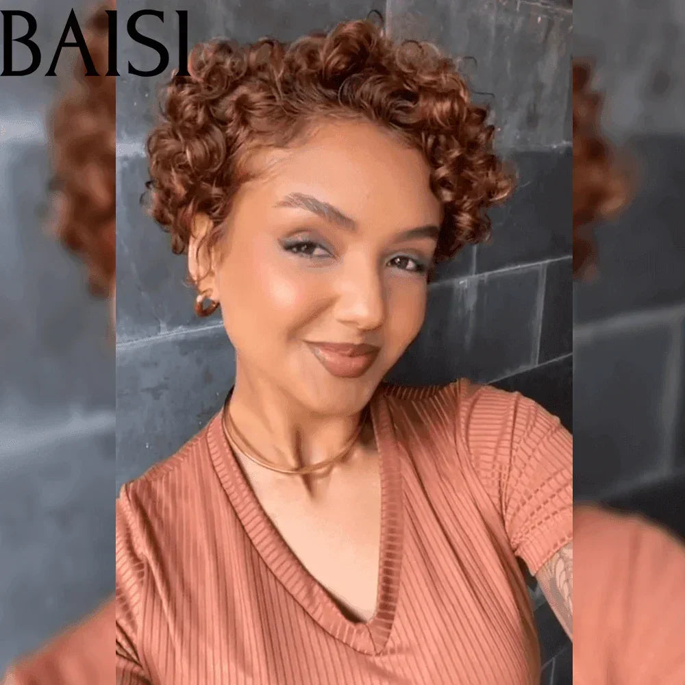 BAISI Peruca Ondulada Corte Pixie 13X4 Frontal Peruca personalizada encaracolada em Castanho 58€ em 100% cabelo humano