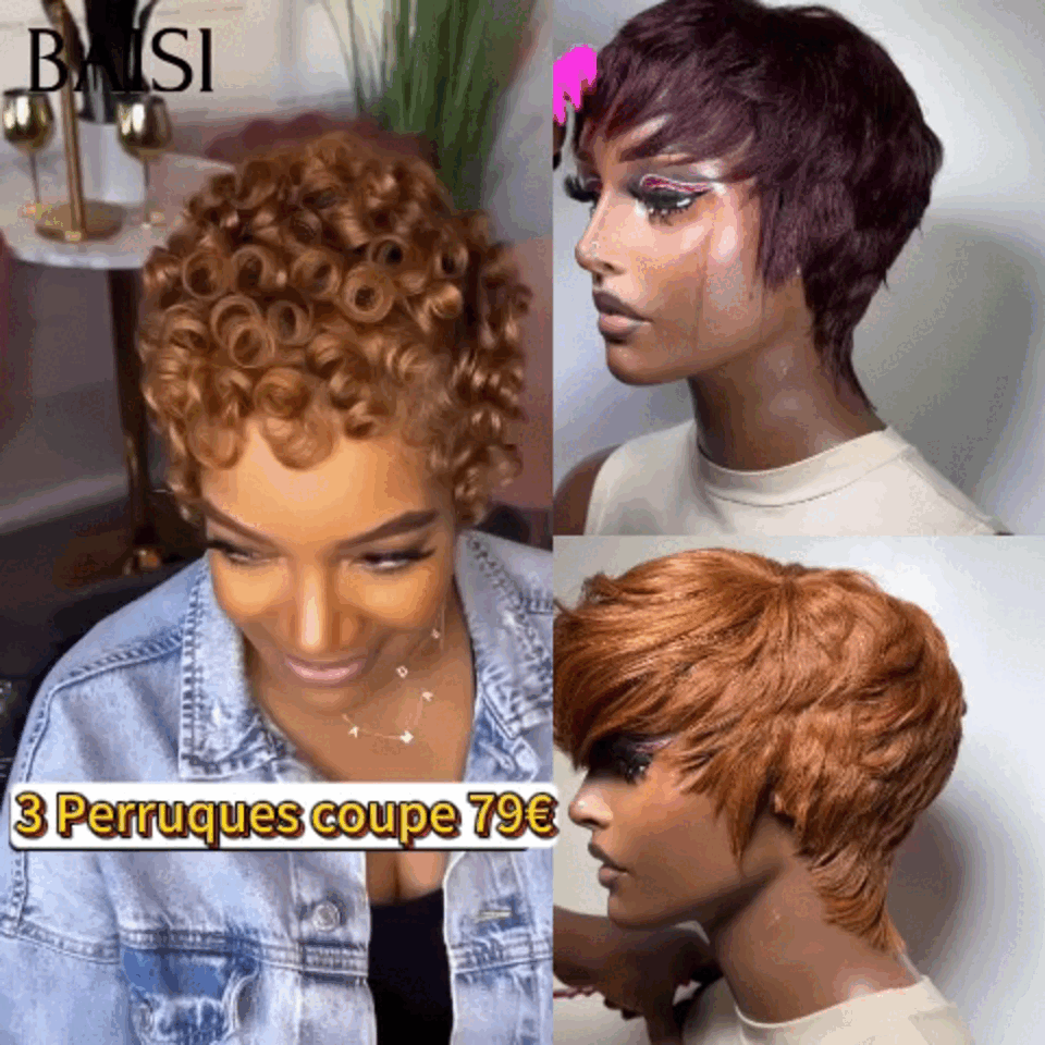 BAISI 3 Parrucche taglio pixie 79€ senza colla senza lace in Francia oppure 4 Parrucche in Francia 595€ Sconto con codice promo 100% capelli umani veri, codice: VIP400