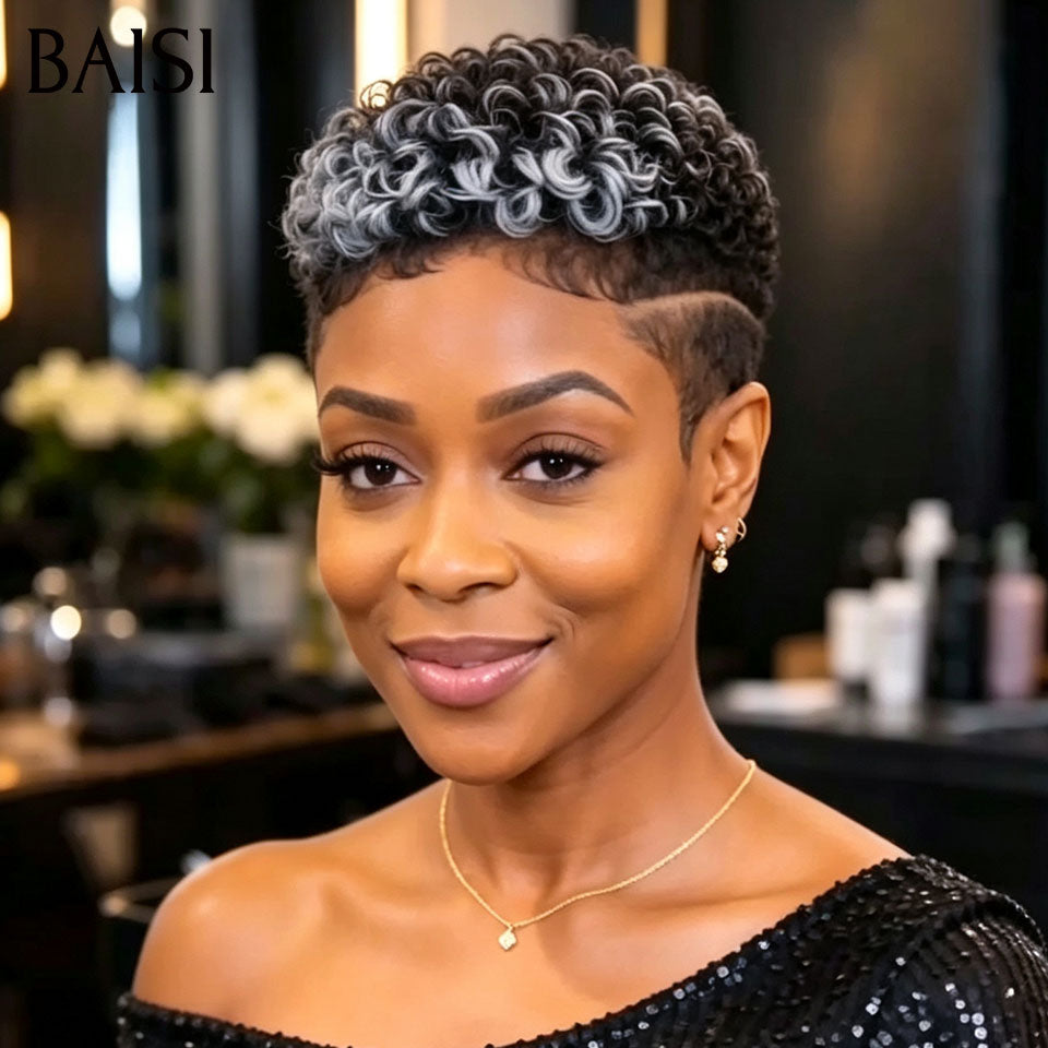 BAISI 5x5 Lace Perruque Pixie Coiffée 89€ Couleur Noir et Gris Très A la Mode Prête A Porter en 100% Cheveux Humains