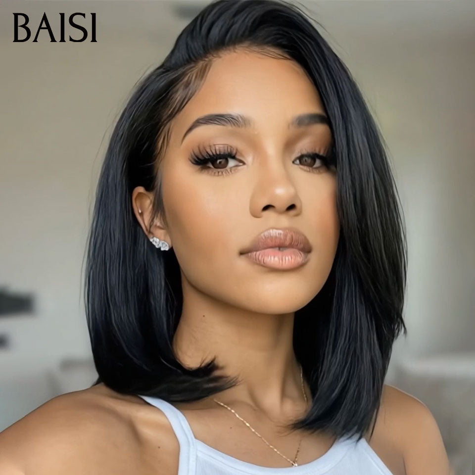 BAISI vente flash perruque bob carré frontale 12 pouce ou pixie chioma finger wave 55€ ou 2 Perruques 85€ 13X4 lace noir et Marron pixie moitié prix en 100% vrais cheveux humains MP50