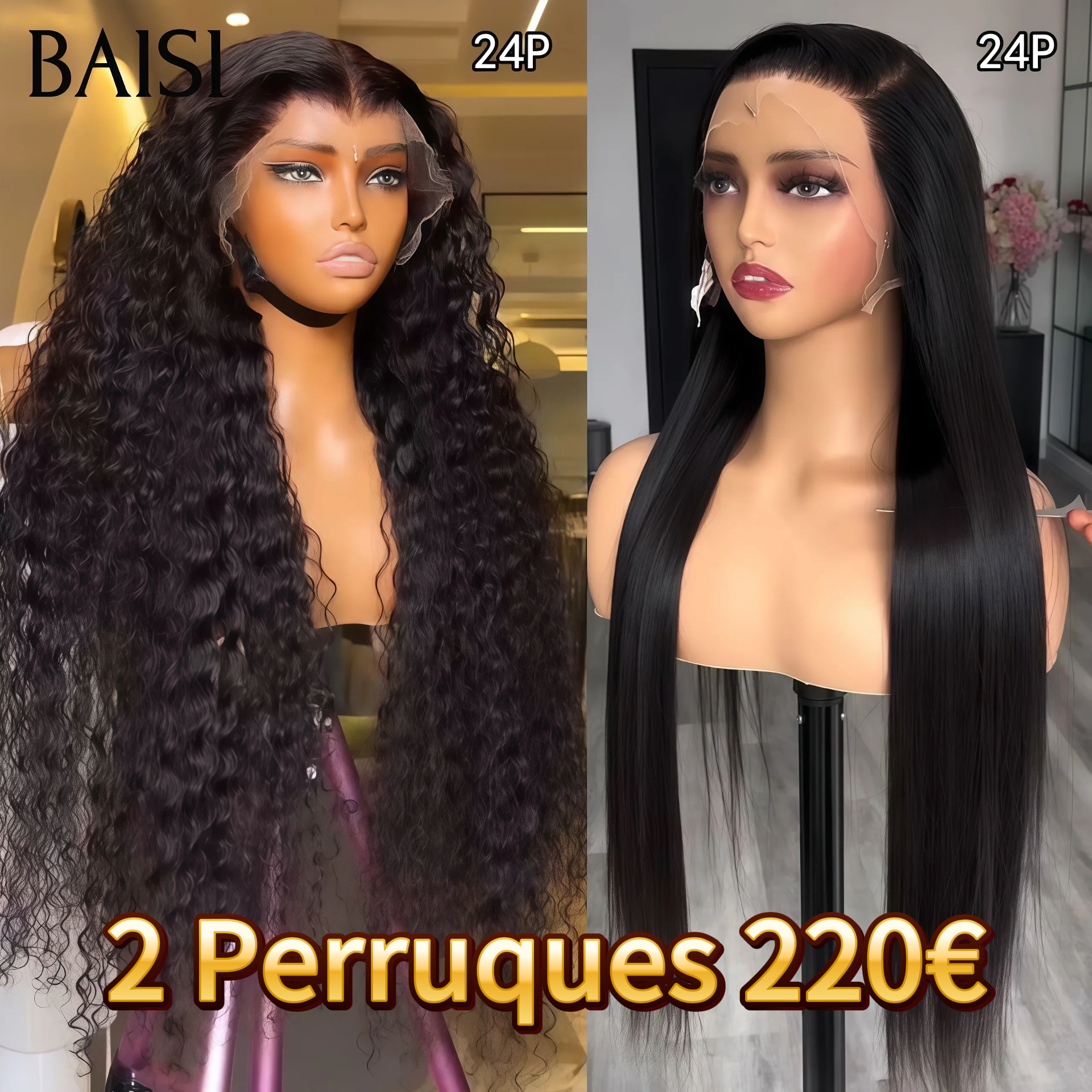 BAISI 2 Perruques pour revendre 199€ 13X4 curly wave et Lisse 20 et 24 pouces couleur NOIR 200% densité en 100% vrais cheveux humains