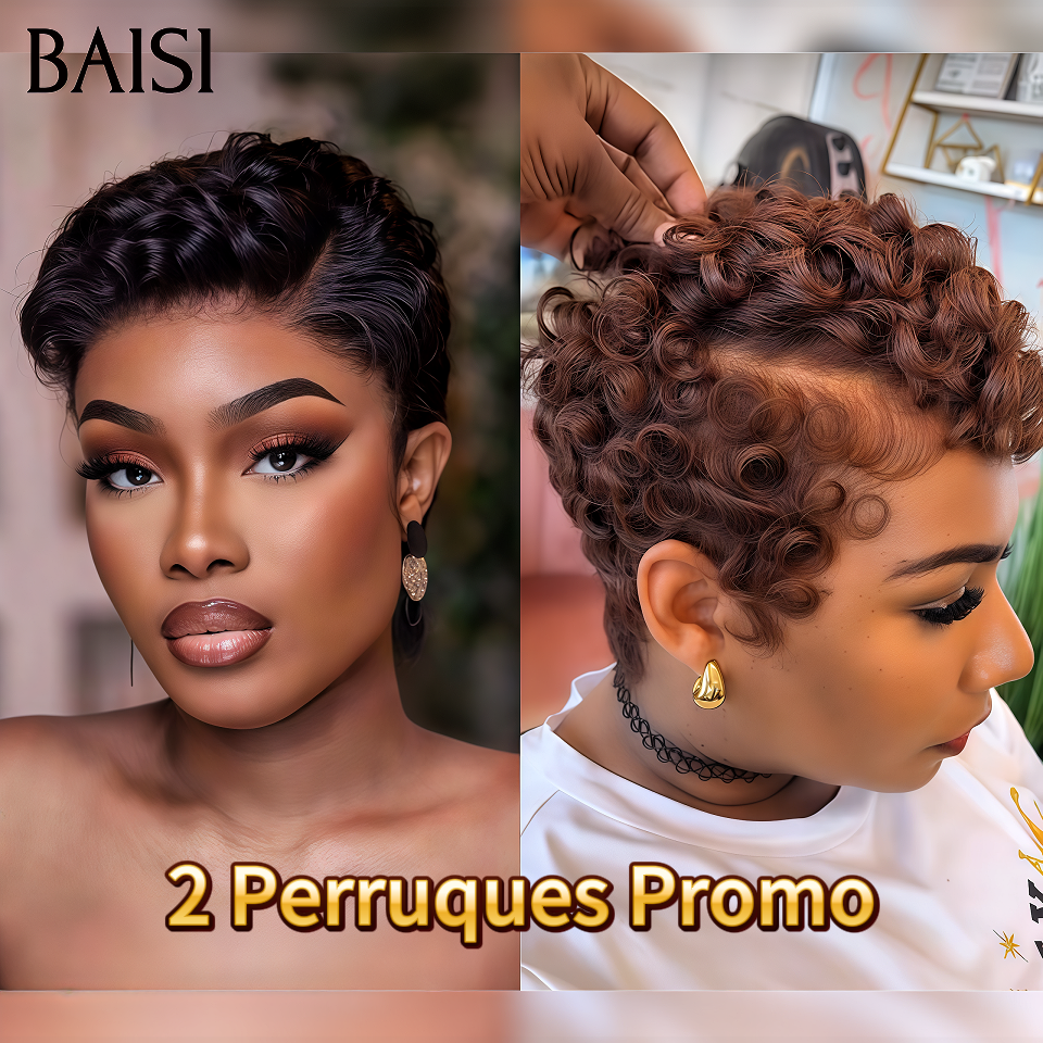 BAISI PROMO 2 Perruques promotion Bas Prix pixie 13x4 lace frontal finger wave perruque chioma Marron et NOIR en 100% cheveux humains