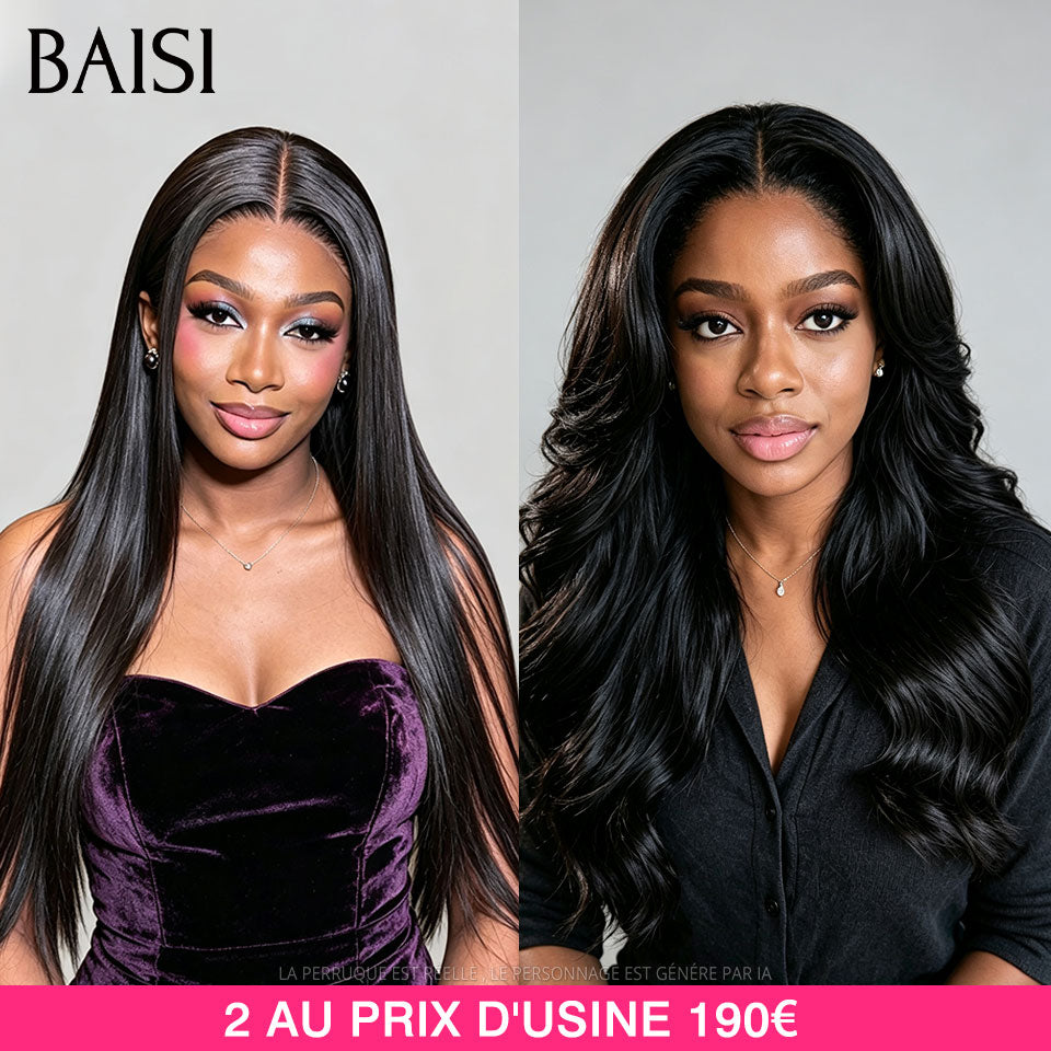 BAISI 13x4 Lace Frontalle 2 Perruques Prix D'Usine 190€ Longue 20 Pouces Lisse + Ondulée Sans Colle Facile à Porter en 100% vrais cheveux humains Lace déjà couper