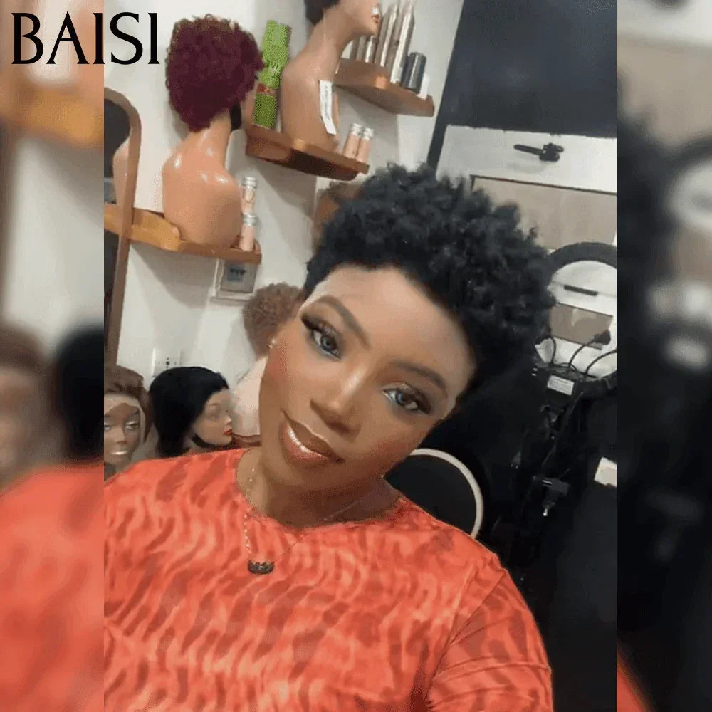 BAISI Offre Flash Perruque Pixie Afro Curl 13x4 lace frontal bouclé partout Noir en 100% cheveux humains F-905