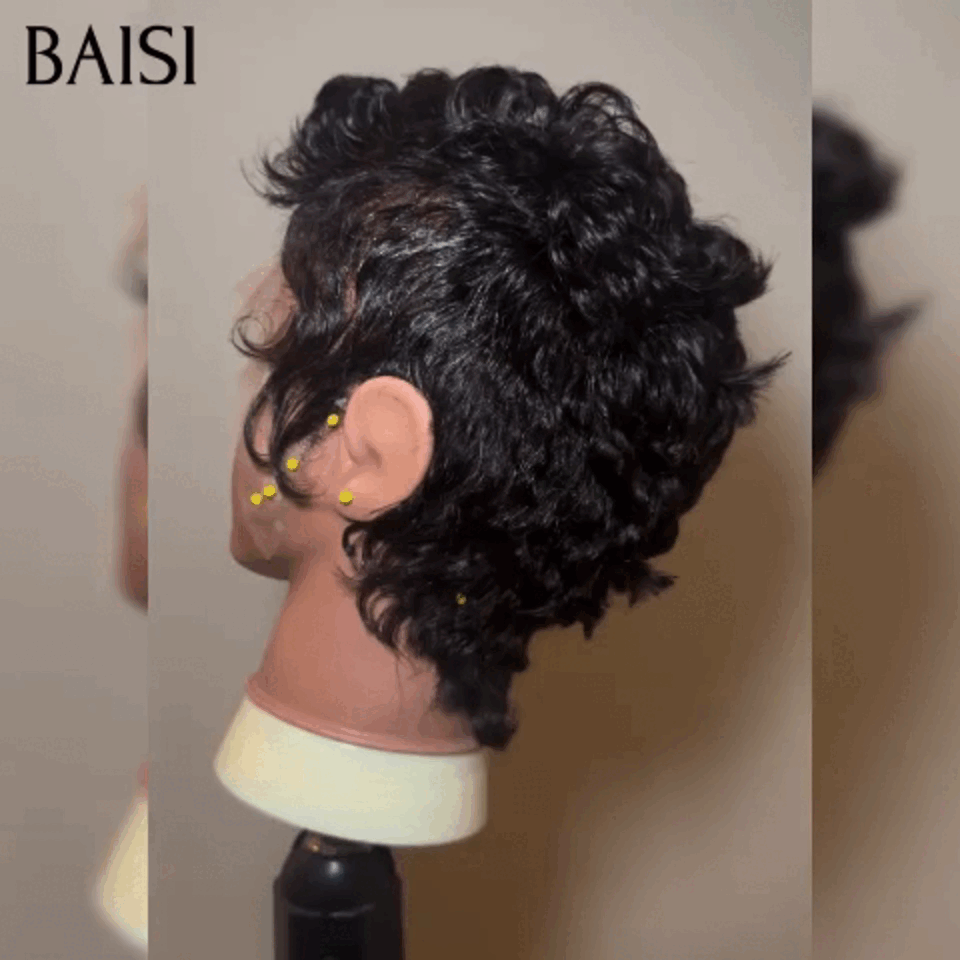 BAISI Perruque Coupe Coiffure 13X4 Lace 122€ petite coupe Naturelle wave NOIR en 100% cheveux humains BS65