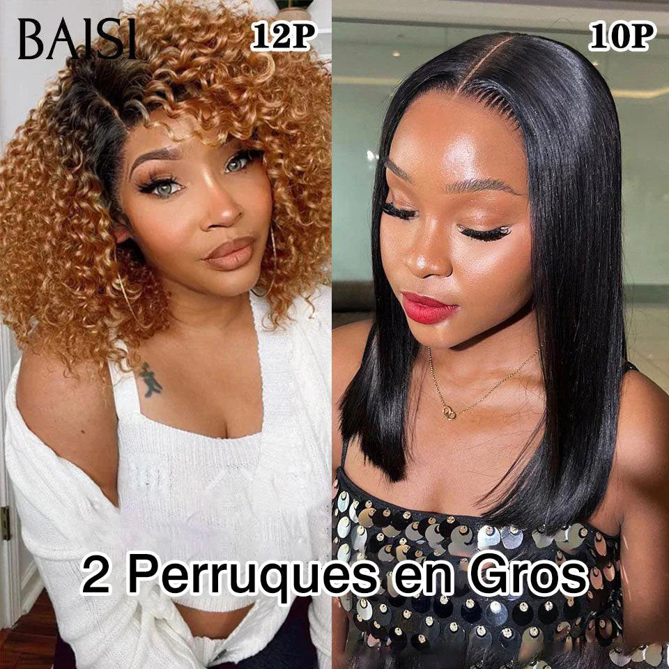 BAISI 2 Perruques pour revendre T-part lace afro curl 1BT30# 12 Pouces ou 4X4 lace Lisse NOIR 10 Pouces 200% densité en 100% vrais cheveux humains