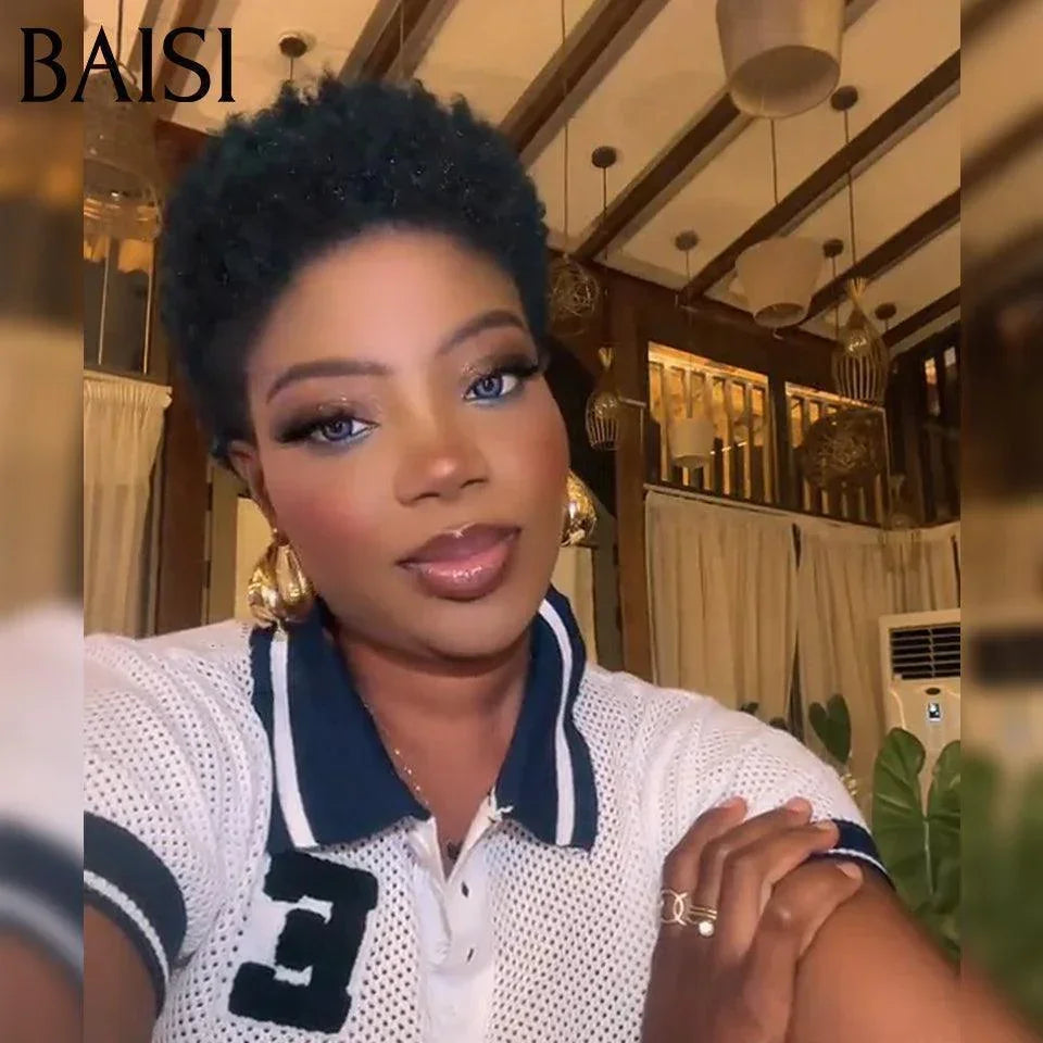 BAISI Perruque Pixie Afro Curl 13x4 lace frontal bouclé partout Noir en 100% cheveux humains F-905