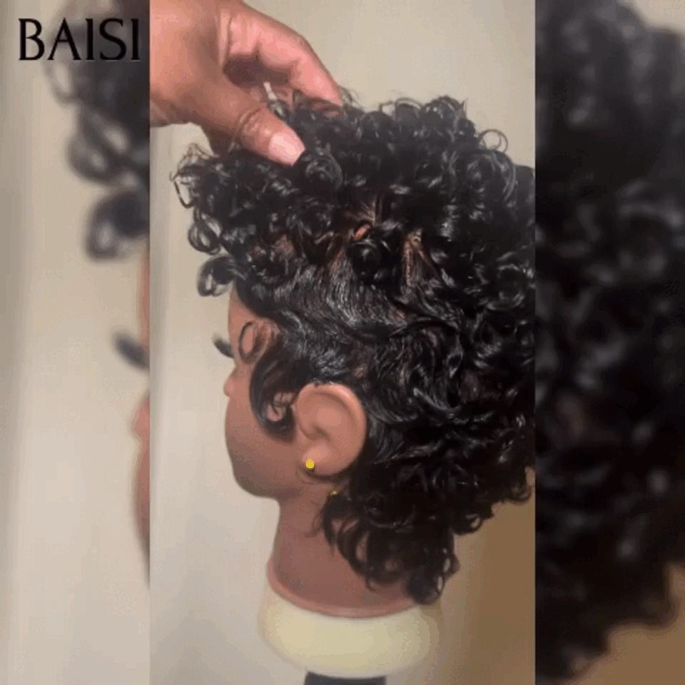BAISI Perruque Full Lace 100% Cheveux Naturels Full Lace Perruque Pixie Finger Wave petite coupe en Couleur Noir en 100% cheveux humains