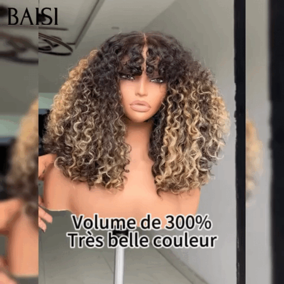 BAISI Perruques de Luxe curly Wave 300% densité 16 pouces Couleurs personnalisées Très belle couleur avec Frange Fabriquées par les cheveux double drawn BS120