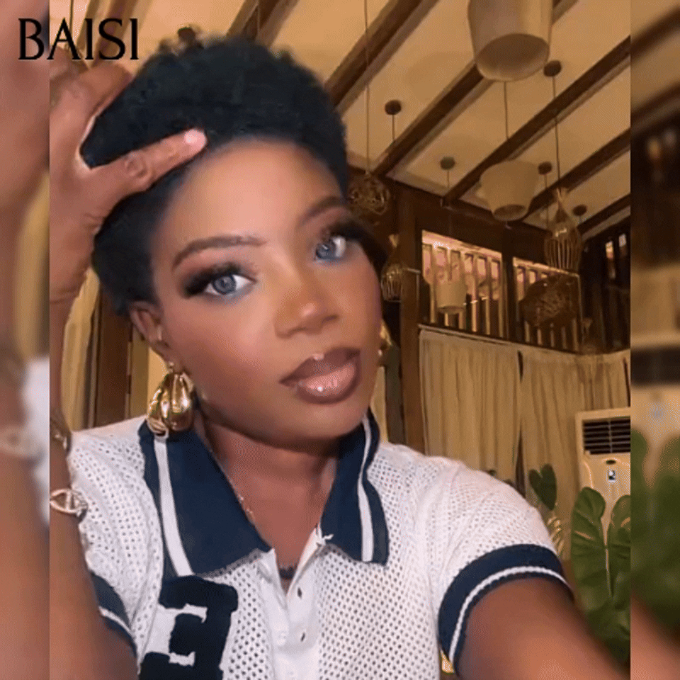 BAISI Pixie Afro Curl Wig 13x4 lace frontal curly all over Black in 100% human hair F-905