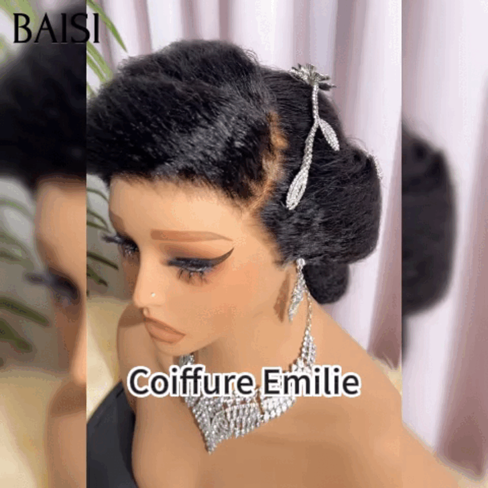 BAISI Penteado de luxo Emilie Perucas Casamento Pronto a usar, chignon e personalização como no vídeo, 100% idêntico, com renda frontal para casamento ou evento especial kinky straight BS120