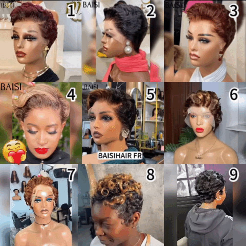 BAISI 3 perruques au choix 120€ ajouter dans le panier un par un au prix d'usine fournisseur coiffure Personnalisée boucle sans colle ou 13X4 lace 9 différentes types de perruques pixie vente en gros pour revendre (Pas Besoin de Code)
