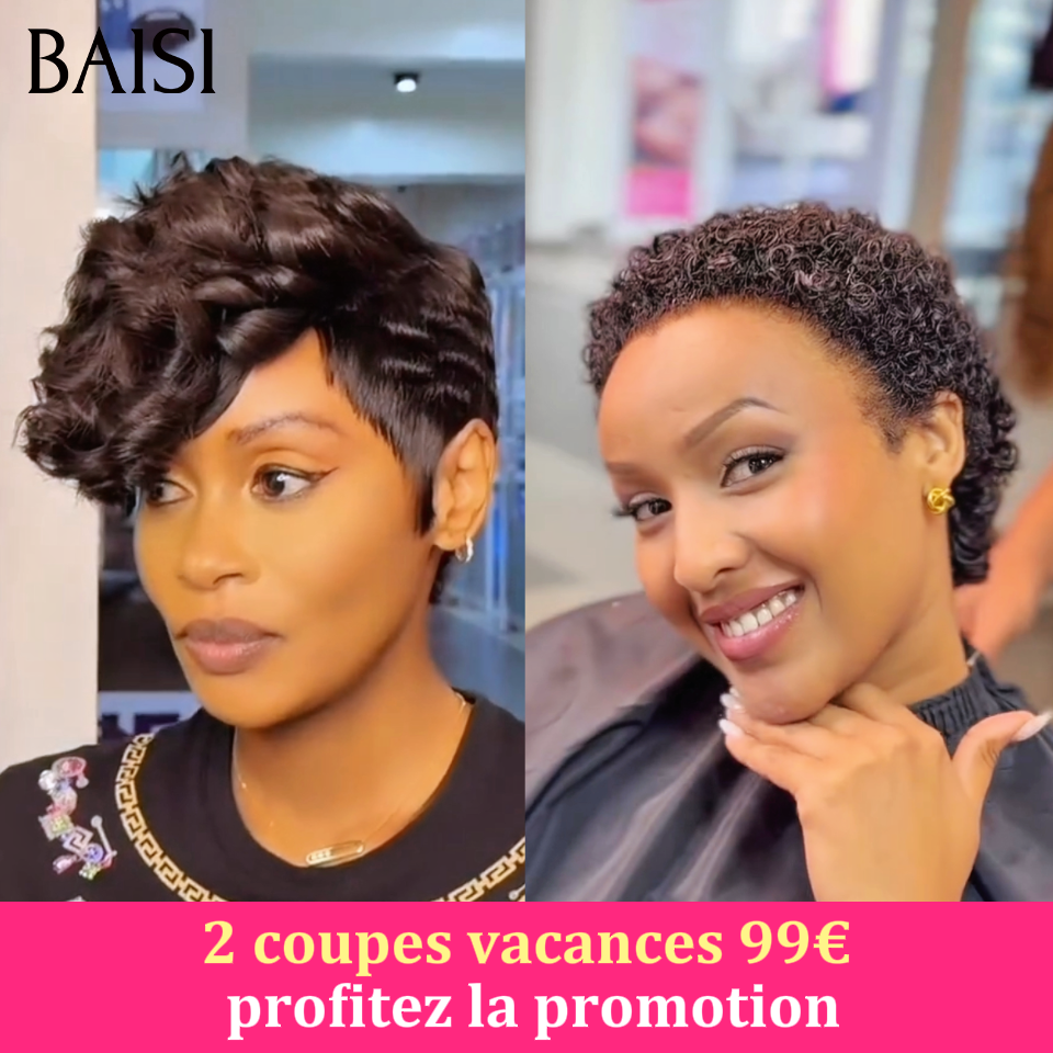 BAISI PROMO 2 Perruques Coupe de Vacances Promotion 99€ Seulement Sans Colle Sans Lace Idéales pour les Voyages et Vacances en 100% cheveux humains