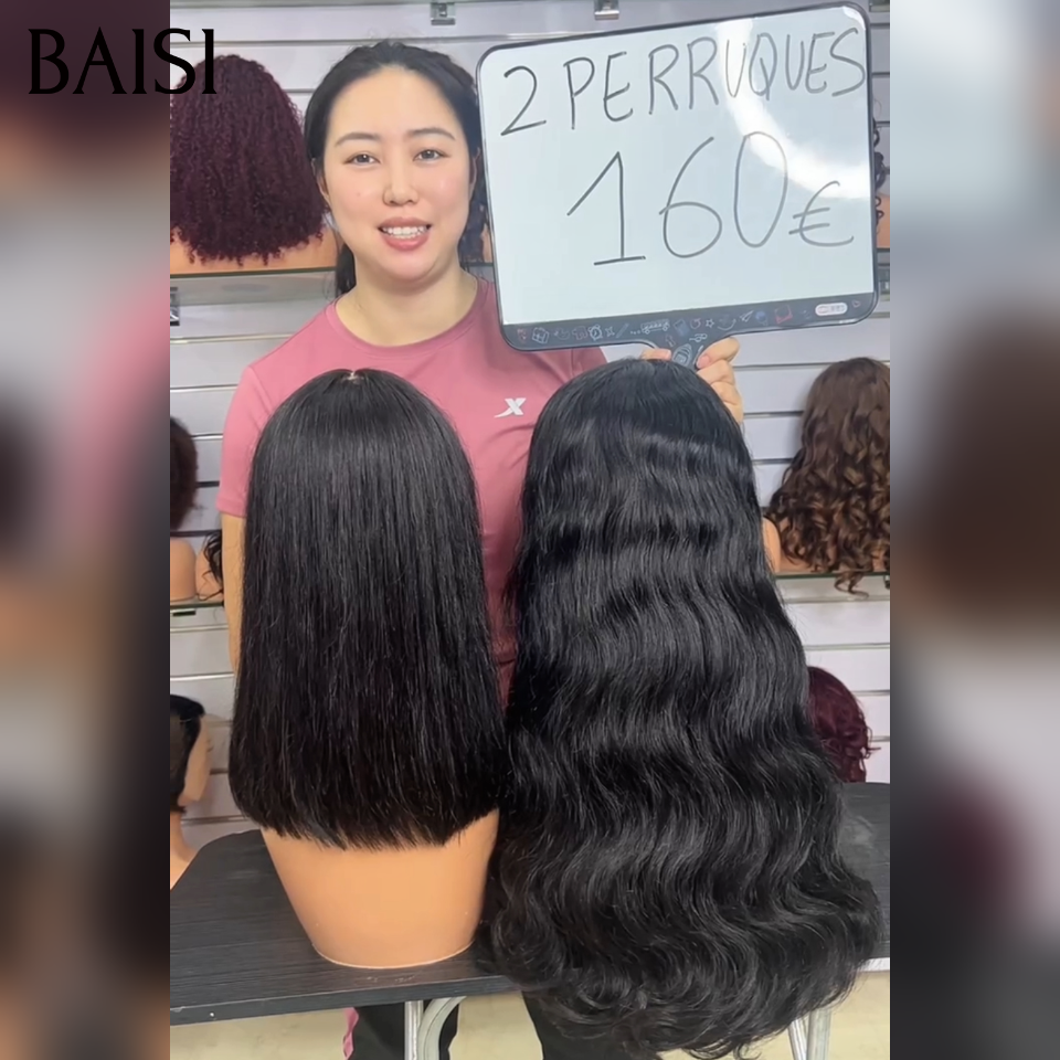 BAIS Lot de 2 Perruques 160€ 2x6 Lace Bob Lisse 12Pouces Vietnam Hair SDD Bone Straight Noir + 13x4 Lace Perruque Longue Body Wave 20Pouces Noir Très Bon Choix Pour Petit Business en 100% Cheveux humains