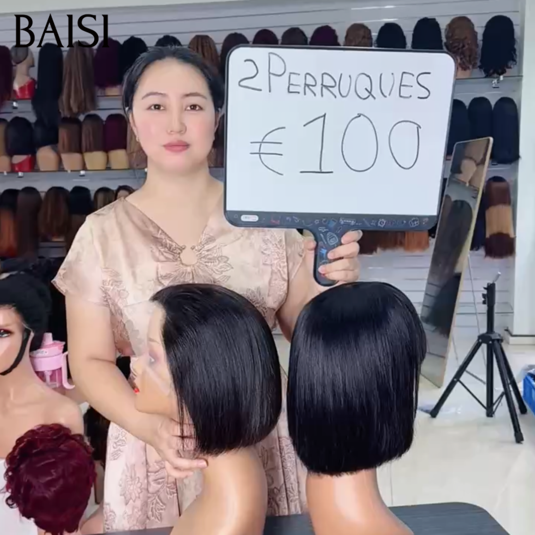 BAISI Lot de 2 Perruques Bob 13x4 Lace Lisse 8Pouces + Avec Frange Lisse 100% Vietnam Hair Couleur Noir 1B# Indispensable Au Travail en 100% Cheveux humains