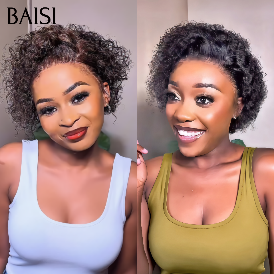 BAISI 13x4 Lace Perruque Curly wave Noir Afro 55€ ou Marron 58€ 6Pouces Tendance Vacances en 100% cheveux humains