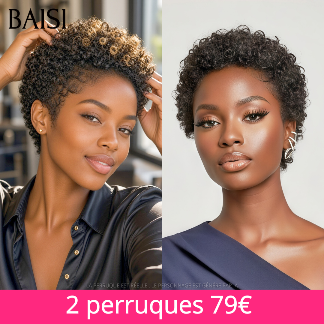BAISI Lot de 2 Perruques Pixie Curly Noir et Miel Noir 79€ Sans Colle Sans Lace Simple et Confortable en 100% Cheveux humains