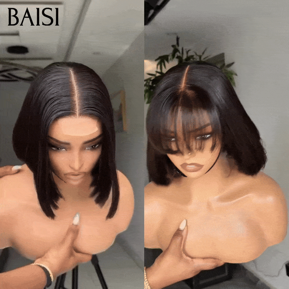 BAISI Lot de 2 Perruques bob Lisse Noir 10 pouces 139€ Seulement Avec et Sans Frange 100% Vietnam Hair de Qualtié en 100% vrais cheveux humains