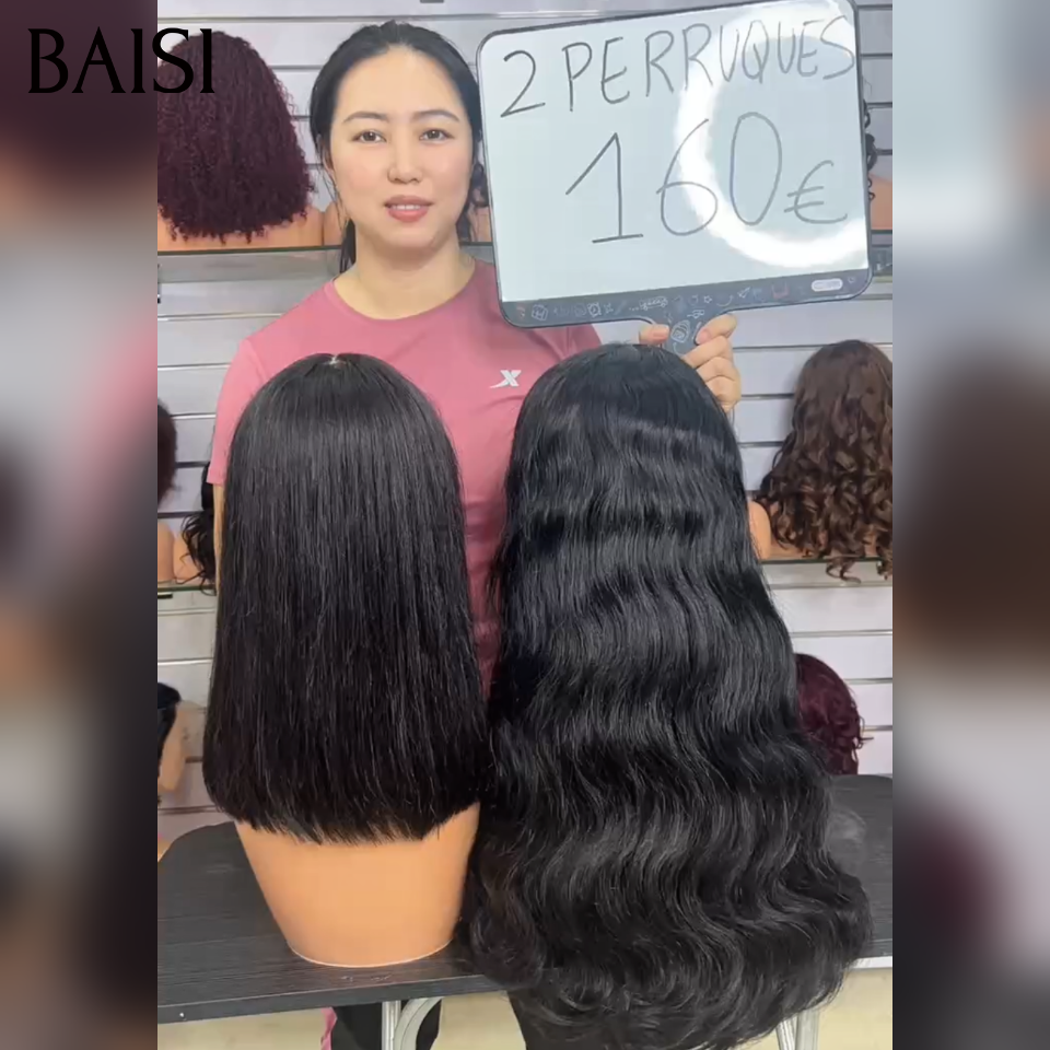BAIS Lot de 2 Perruques 160€ 2x6 Lace Bob Lisse 12Pouces Vietnam Hair SDD Bone Straight Noir + 13x4 Lace Perruque Longue Body Wave 20Pouces Noir Très Bon Choix Pour Petit Business en 100% Cheveux humains