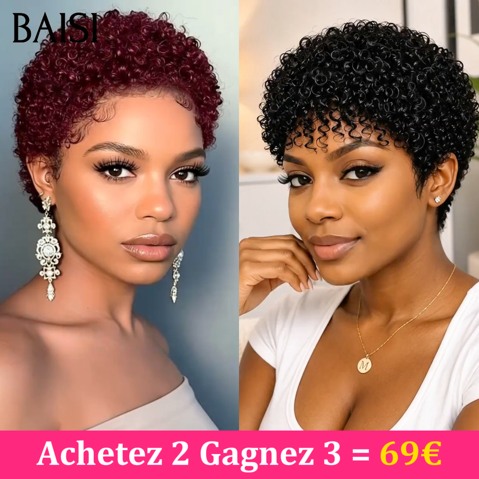 BAISI Lot de Perruque Achetez 2 Gagnez 3 = 69€ Ou 4 perruques 89€ pixie Lisse et finger wave Mixte Miel Fabriqué à la Machine Facile à porter en 100% Cheveux Humains