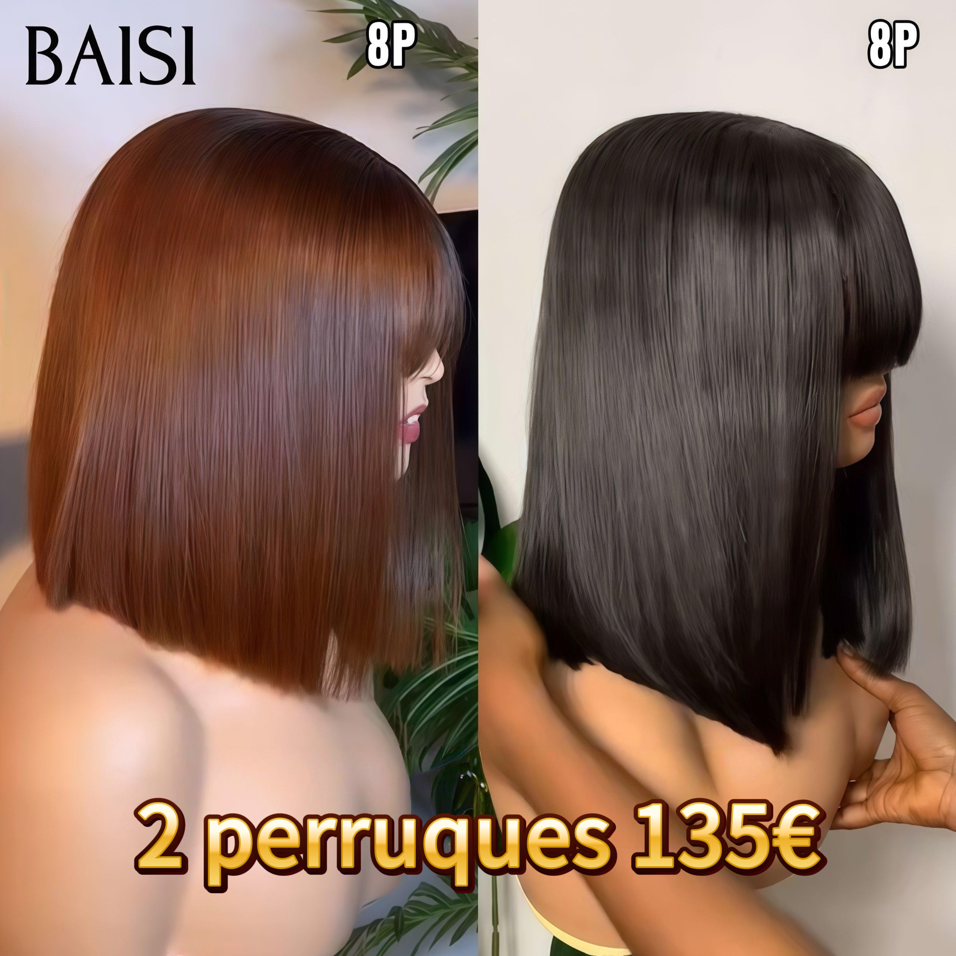 BAISI 2 Perruques 135€ Lisse avec Frange 8 Pouces Sans lace Lisse NOIR et Marron 250% densité DE luxe en 100% Cheveux Humains BS65