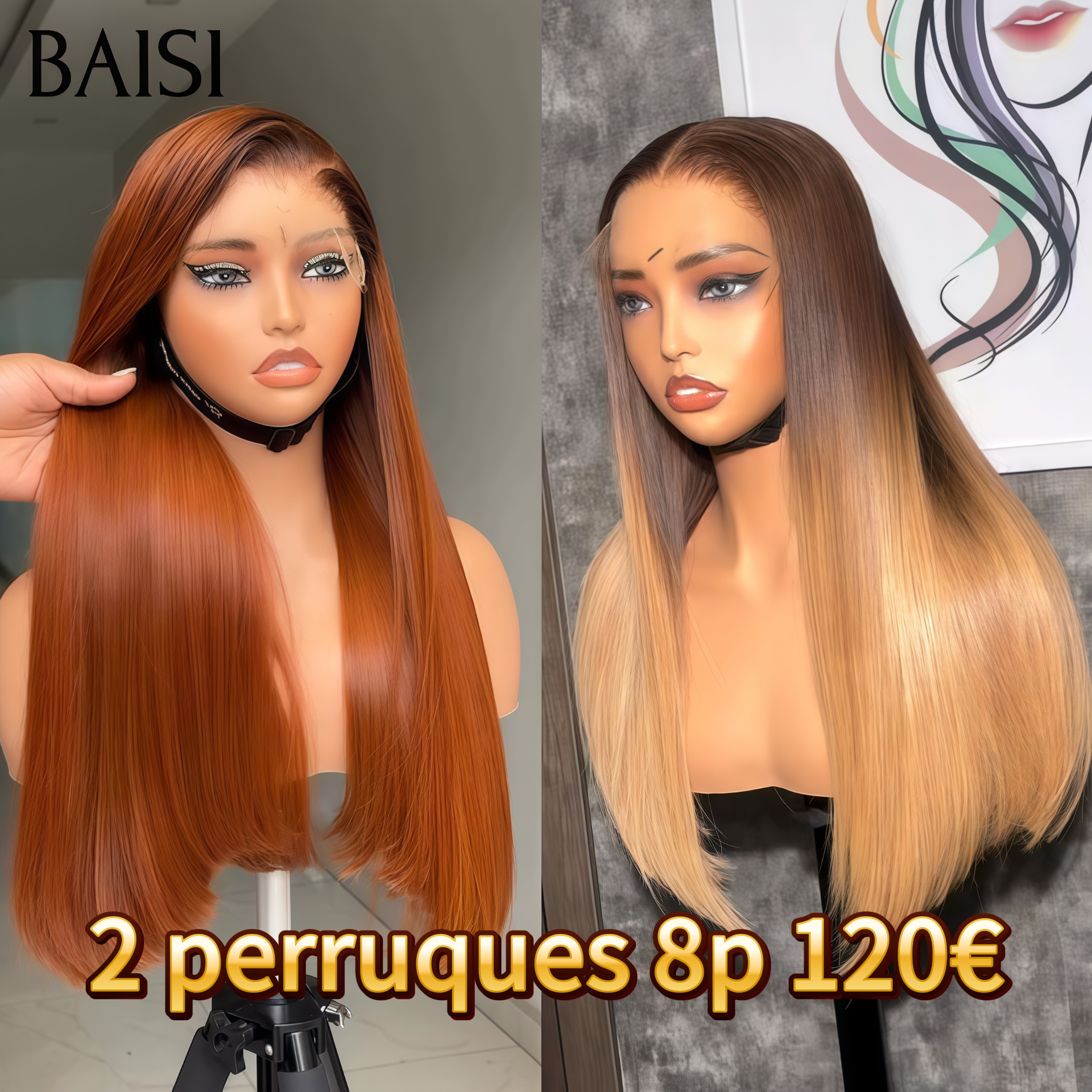 BAISI PROMO 2 perruques 120€ lace closure en couleur Marron 1B30# et Miel 4T27# de luxe SDD BONE Straight Lisse Bob Haute Qualité en 100% Vietnam Hair