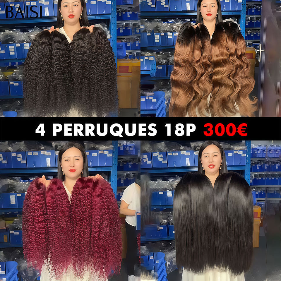 BAISI Ventes En Gros 4 perruques 300€ 13x4 lace frontal 18 Pouces curly wave en couleur Bordeaux et noir et body wave marron et lisse noir en 100% Cheveux Humains
