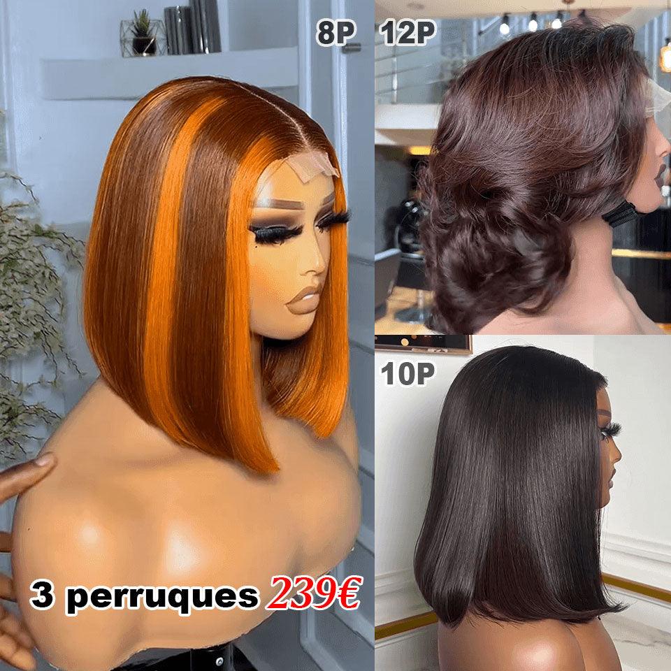 BAISI vendita flash 3 parrucche 239€ 2X6 lace Liscio NERO e 2X6 lace Arancione mix e riccio boucle wave 12 Pollici in 100% capelli umani veri