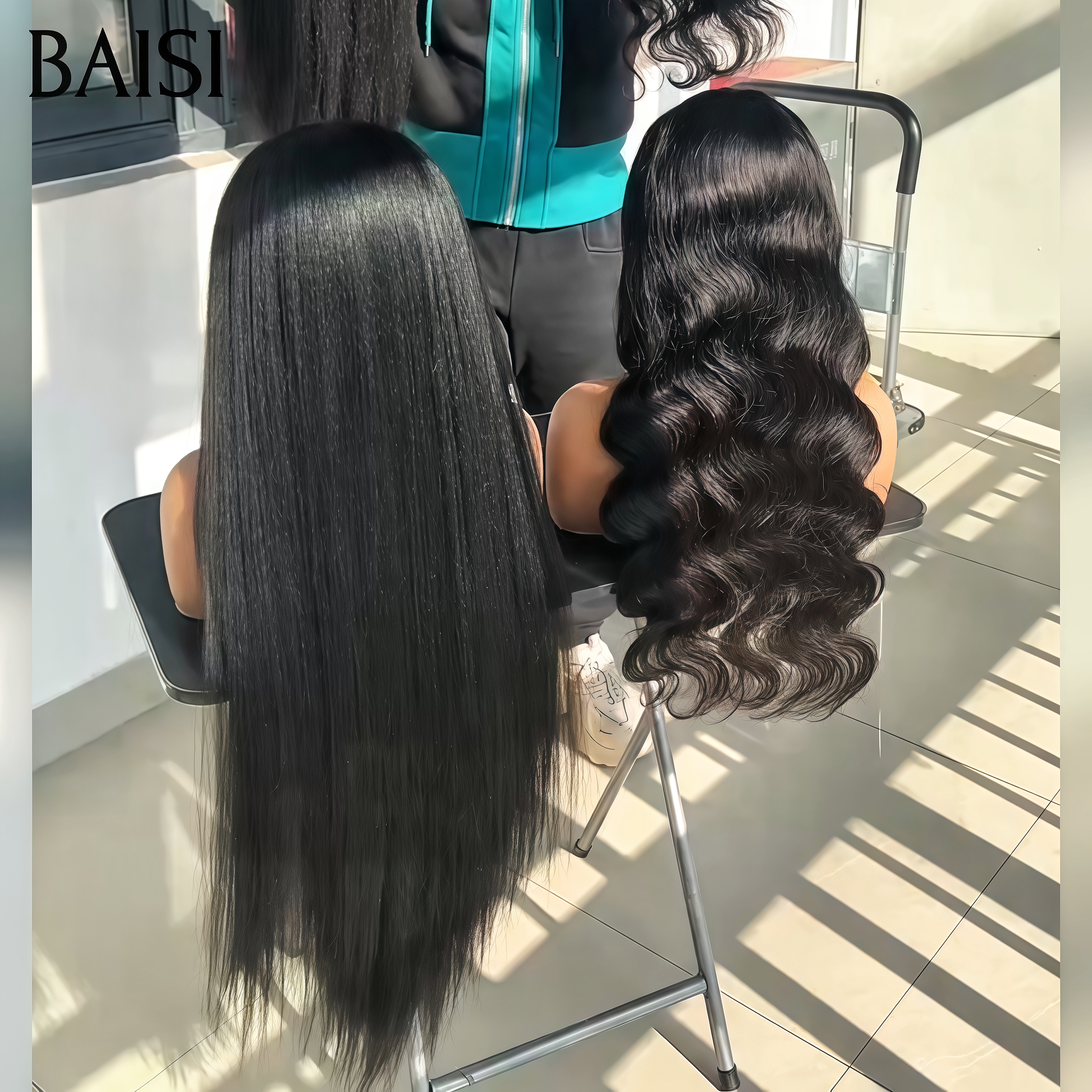 BAISI 2 perruques 175€ Blended human hair perruque bandeau kinky straight 32 pouces et 4x4 lace closure body wave 24 pouces en 100% Cheveux Humains