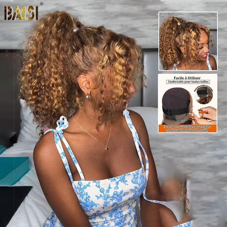 Parrucca BAISI Upgrade Cinturino invisibile 360 Onda riccia frontale in colore marrone miele mix 4#27# Pizzo frontale invisibile e regolabile a 360 gradi Pre-pizzicato Non necessita di colla Densità del 250% in pizzo 100% capelli grezzi già tagliato