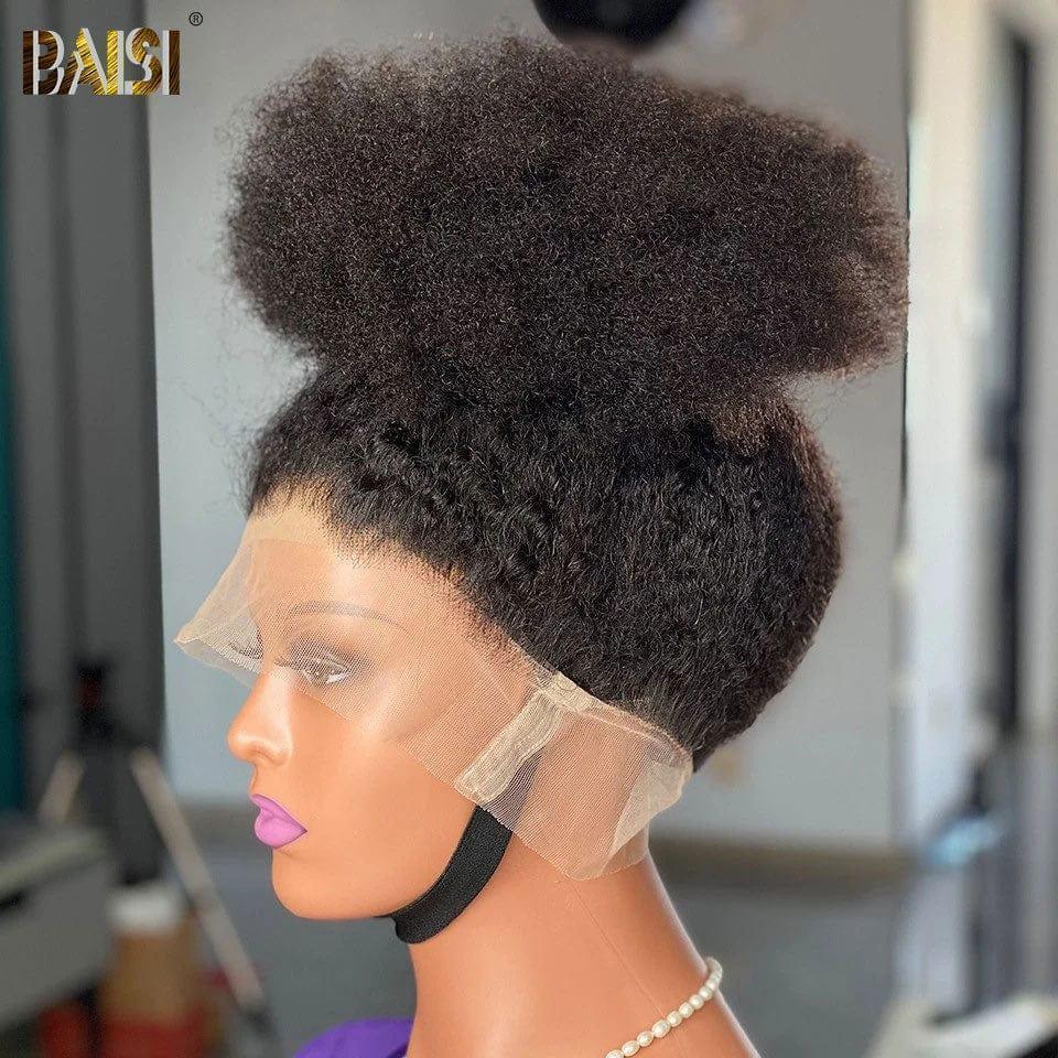BAISI 360 Lace Peruca 18 Polegadas PRETO Kinky Straight em Cabelo Humano Verdadeiro Penteado Coque