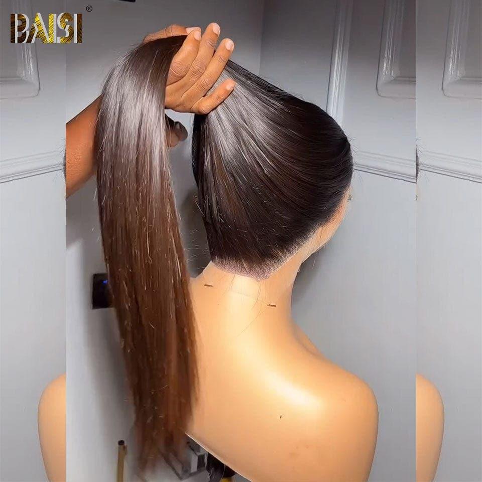 BAISI 360 Lace Perruque Lisse en Vrais Cheveux Humains Coiffure Chignion