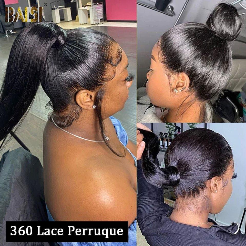 BAISI 360 Lace Perruque Lisse en Vrais Cheveux Humains Coiffure Chignion