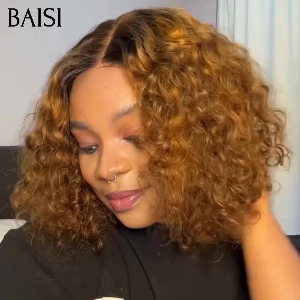 BAISI Perruques 13X4 afro curly et 2X6 lisse 1BT27# 8 pouces et bob avec frange et T part afro curly 1BT30# en 100% Cheveux Humains BS65