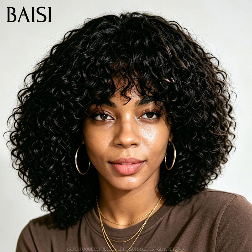 BAISI Lot 2 Perruques PROMO en France Ondulée 20P + Curly Avec Frange 10P 199€ Couleur Noir Pratique Au Quotidien en 100% Cheveux Humains Reçu 48H TVA 0€