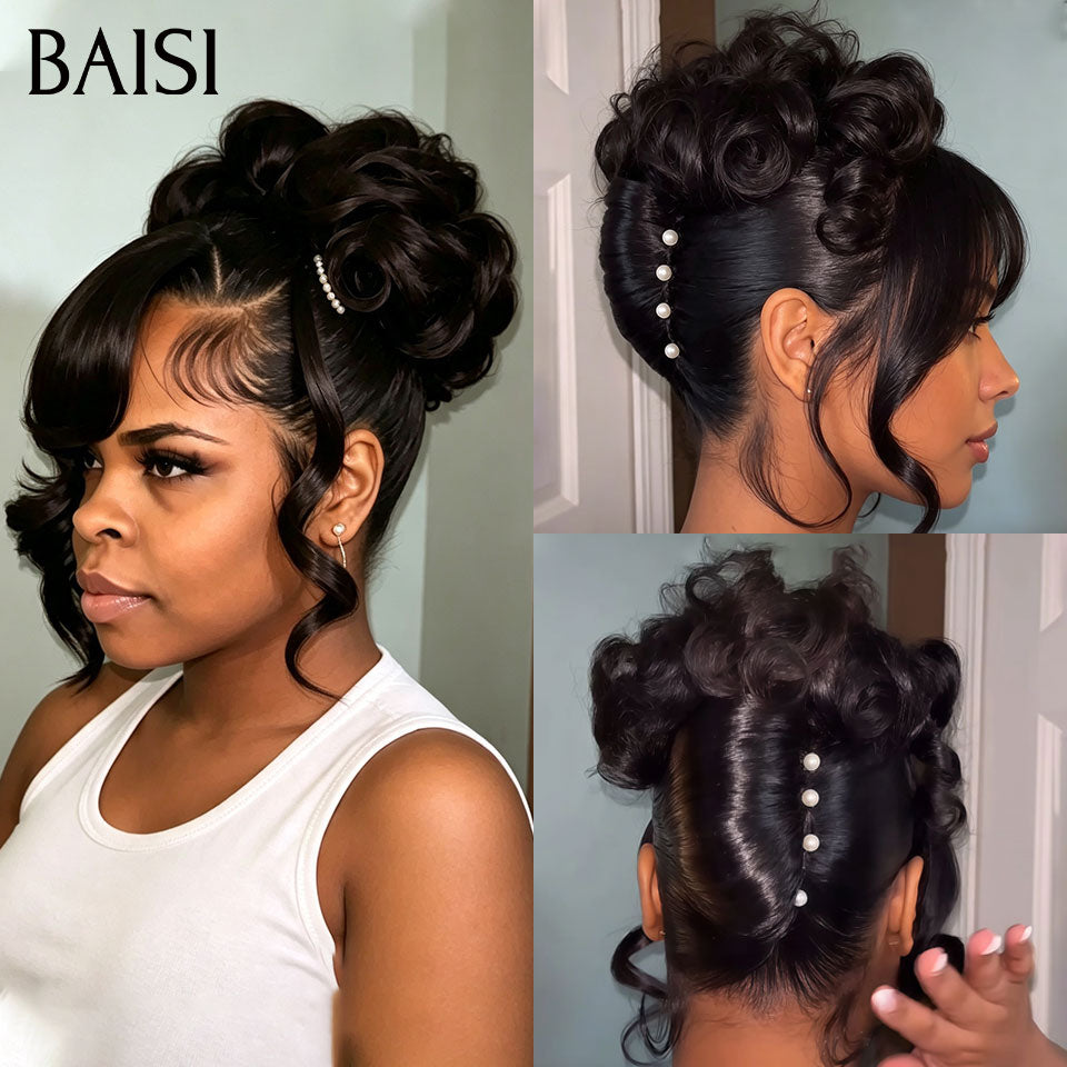 BAISI Coiffure de luxe Isabella Perruques Mariage noir Prête à porter chignon et personalisation comme sur la vidéo 100% identique avec lace frontale événement spécial en couleur NOIR BS120