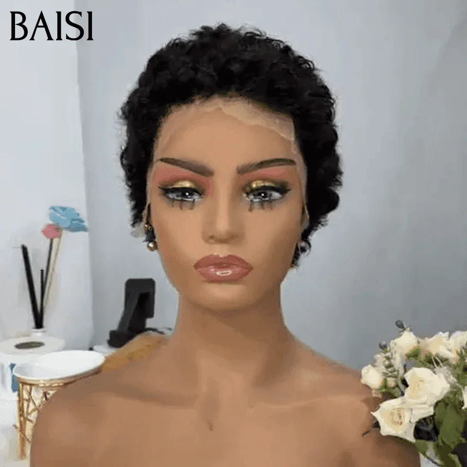 BAISI Flash Offer €55 13X4 Lace Frontal Pixie Wave Wig In Black Color in 100% Human Hair #996