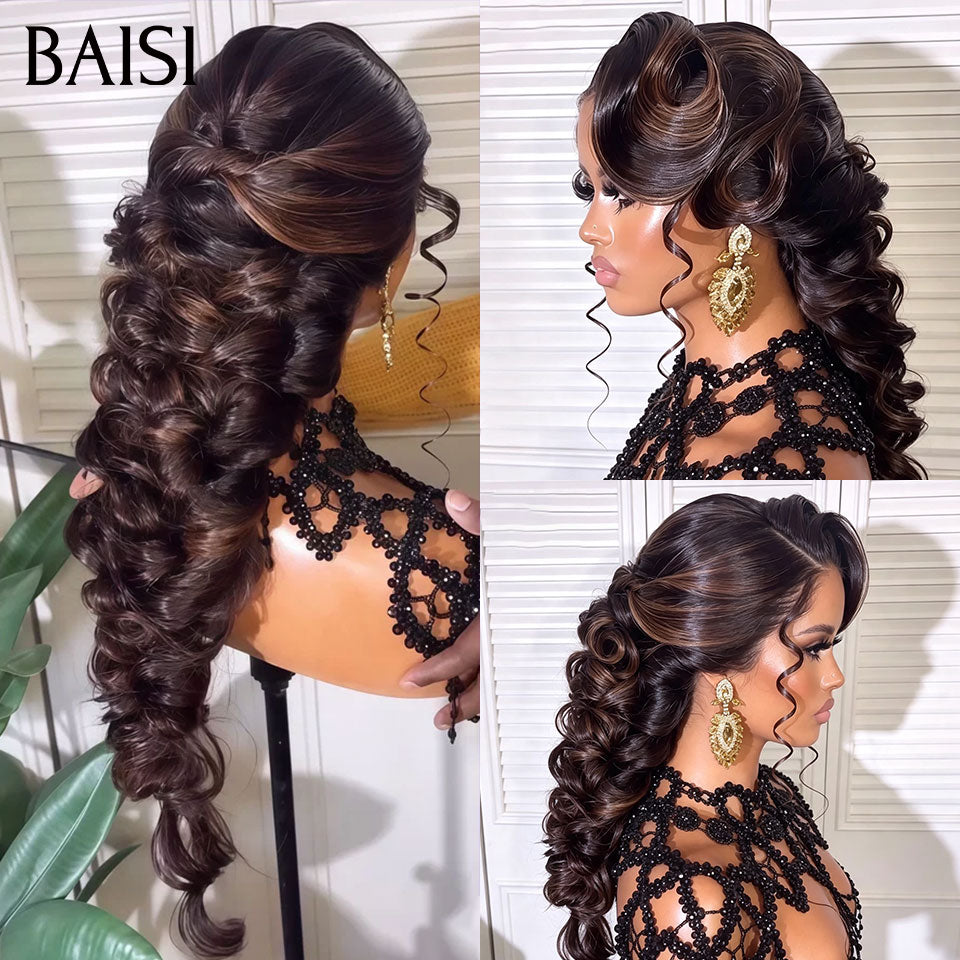 BAISI Coiffure de luxe Amelia Perruques Mariage noir Prête à porter chignon et personalisation comme sur la vidéo 100% identique avec lace frontale événement spécial en couleur NOIR Mixte brun FR40