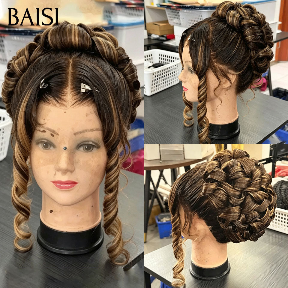 BAISI Coiffure de luxe Perruques Mariage 2 couleurs NOIR ou Marron Mixte Miel Prête à porter chignon et personalisation comme sur la vidéo 100% identique avec lace frontale événement spécial