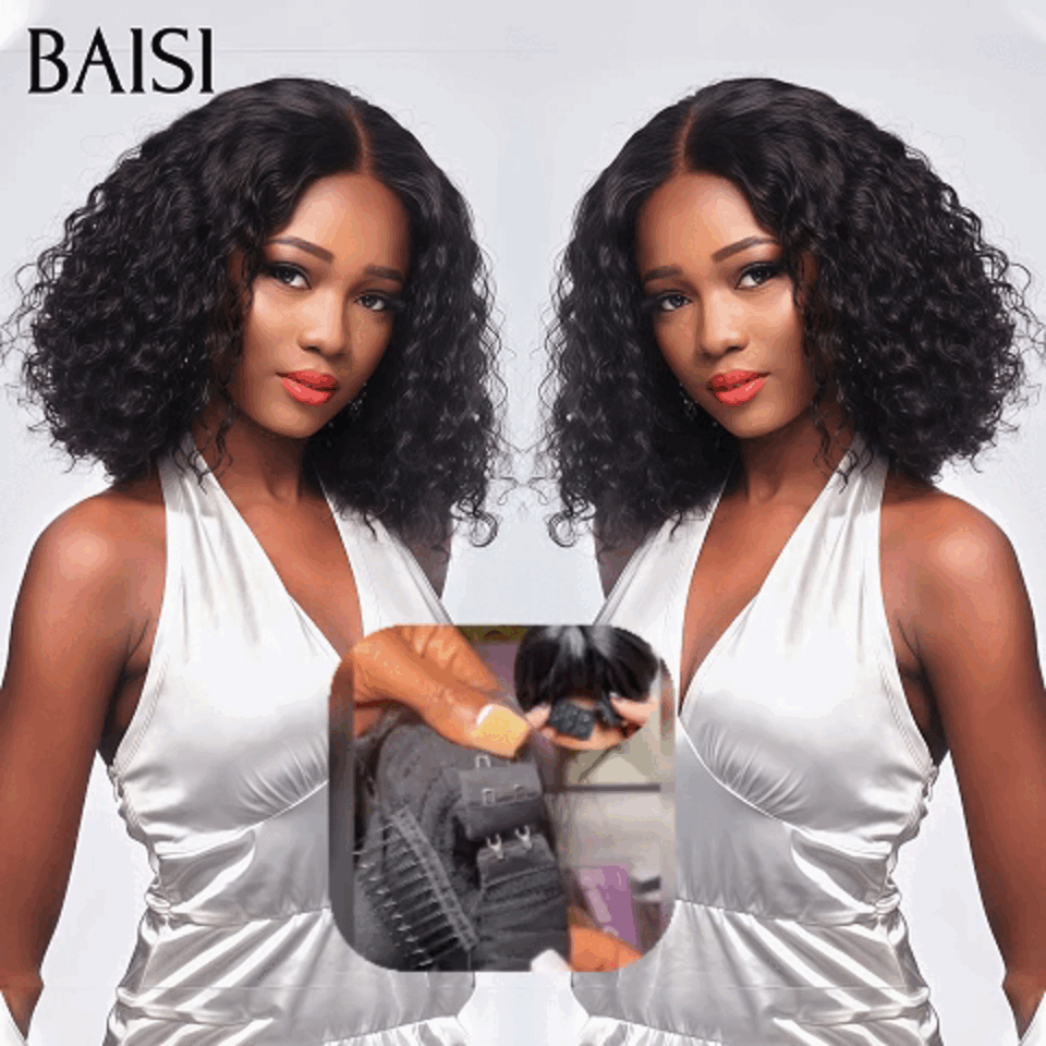 BAISI 13x4 Perruque Bob curly wave en Noir Sans Colle Lace déjà couper Facile à Porter Perruques sans colle taille standart réglable avec 3 grandeurs S , M , L 1 bonnet en 3 en 100% Cheveux Humains