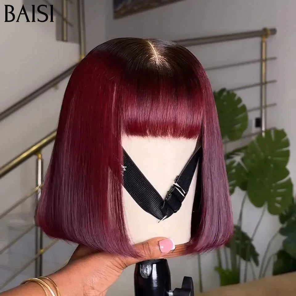 BAISI Bob lisse Avec Frange Perruques de Luxe 100% Vietnam Hair SDD BONE STRAIGHT Couleur Bordeaux #1B#99J 300% densité A1 Fabriquées par les cheveux double drawn 15A sans Lace sans colle
