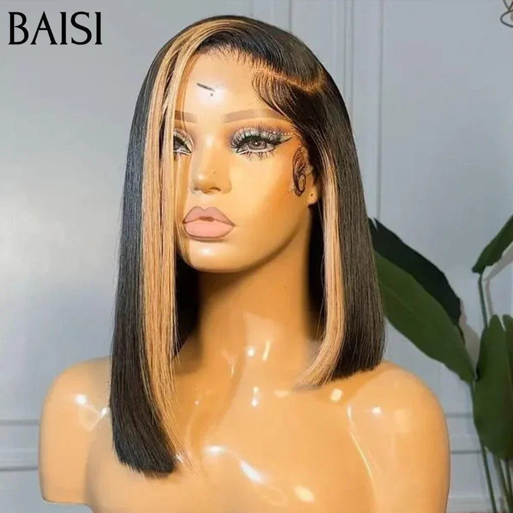 BAISI 15A SDD BONE STRAIGHT 13X4 Peruca Bob Liso em Mistura #1B/27 de luxo 300% densidade Pré-depilada Sem Necessidade de Cola em 100% Cabelo Cru Lace já cortada