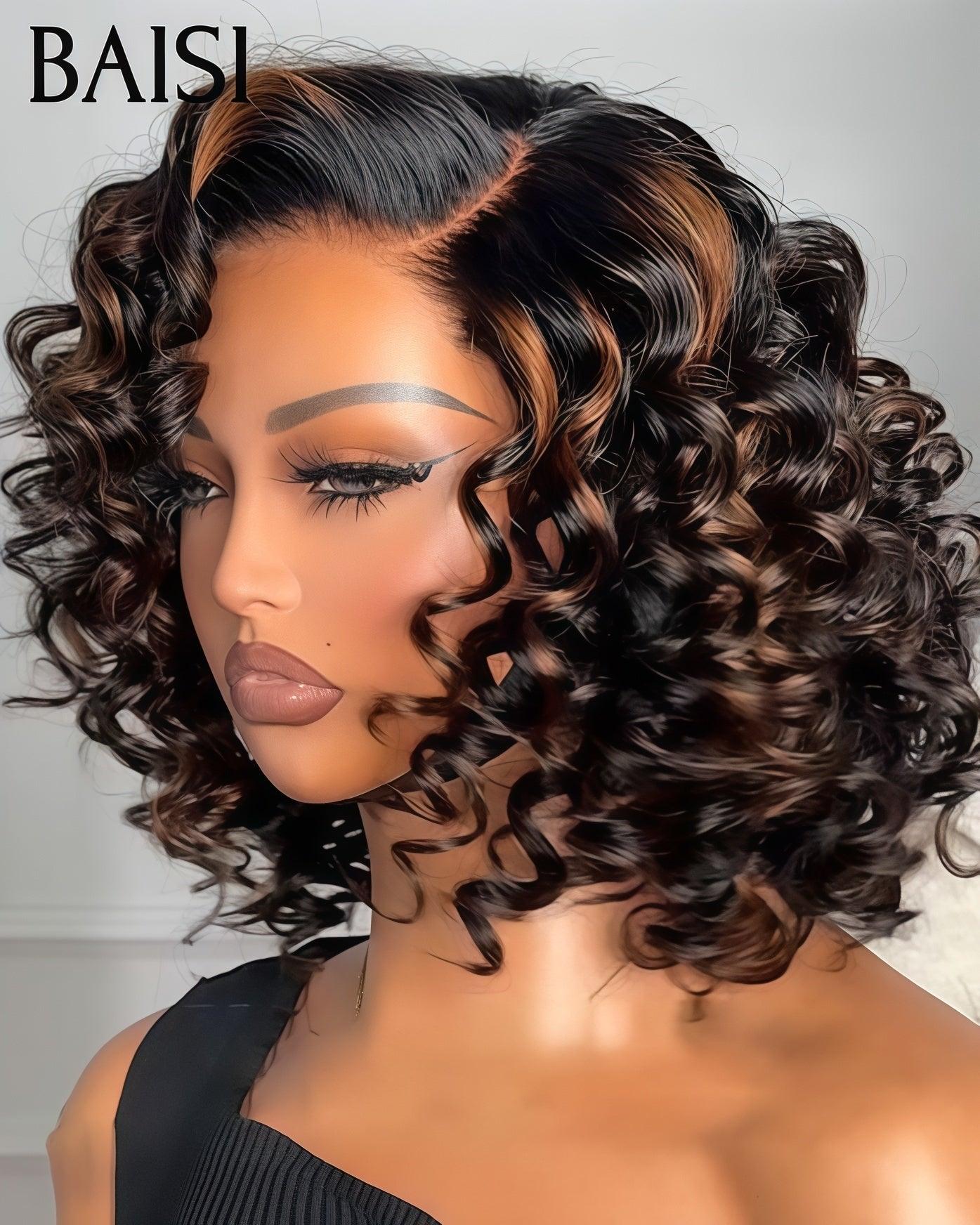 BAISI 5X5 lace Perruque Bob curly wave noir Mixte brun Pré-plucked Pas Besoin de Colle en 100% Raw Hair Lace déjà couper