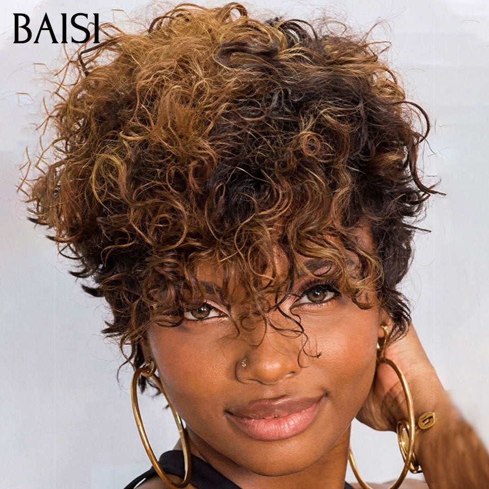 BAISI 5X5 Parrucca pixie riccia onde Colore Miele con Radice Marrone 4T27# 99€ in 100% Capelli Umani
